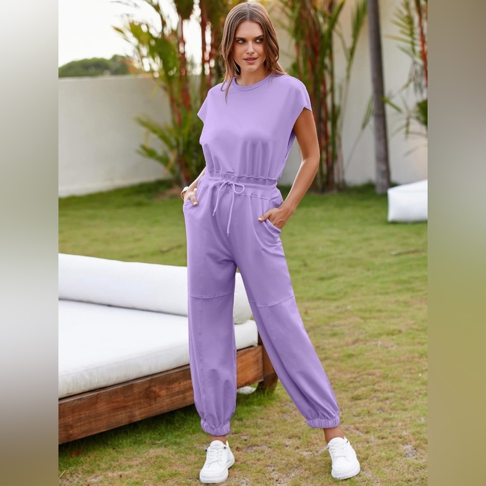 Simplee Women Short Sleeve Casual Jumpsuit Loose Fit Open Back Onesie Atheletic